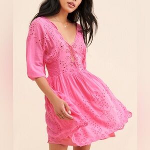 Free People FP One Lottie Eyelet Lace Mini Dress vibrant pink boho summer S M